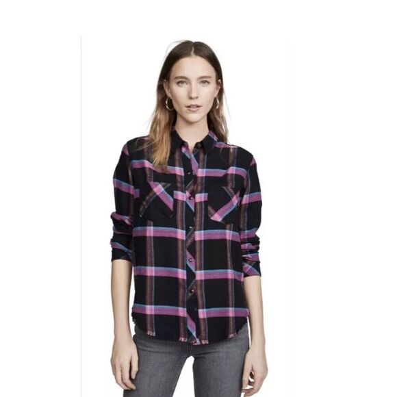Rails Leo Long Sleeve Plaid Flannel Button Up Shirt Top Onyx Magenta Cayenne XS - Picture 1 of 11